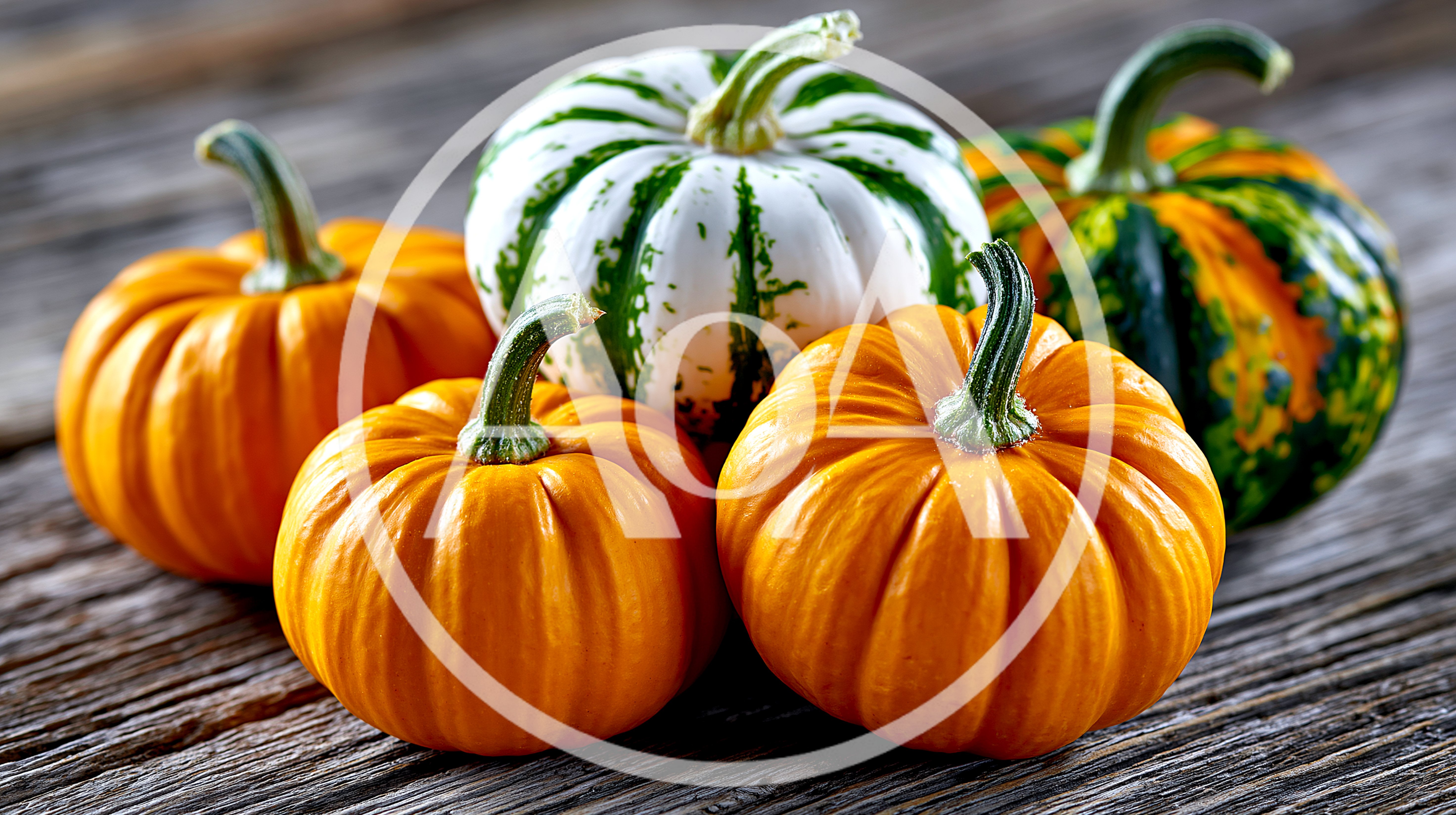 Assorted Decorative Pumpkins on Rustic Wooden Surface