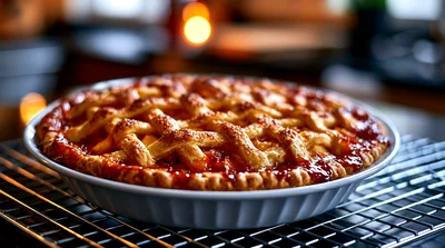 Freshly Baked Lattice Crust Fruit Pie on Cooling Rack