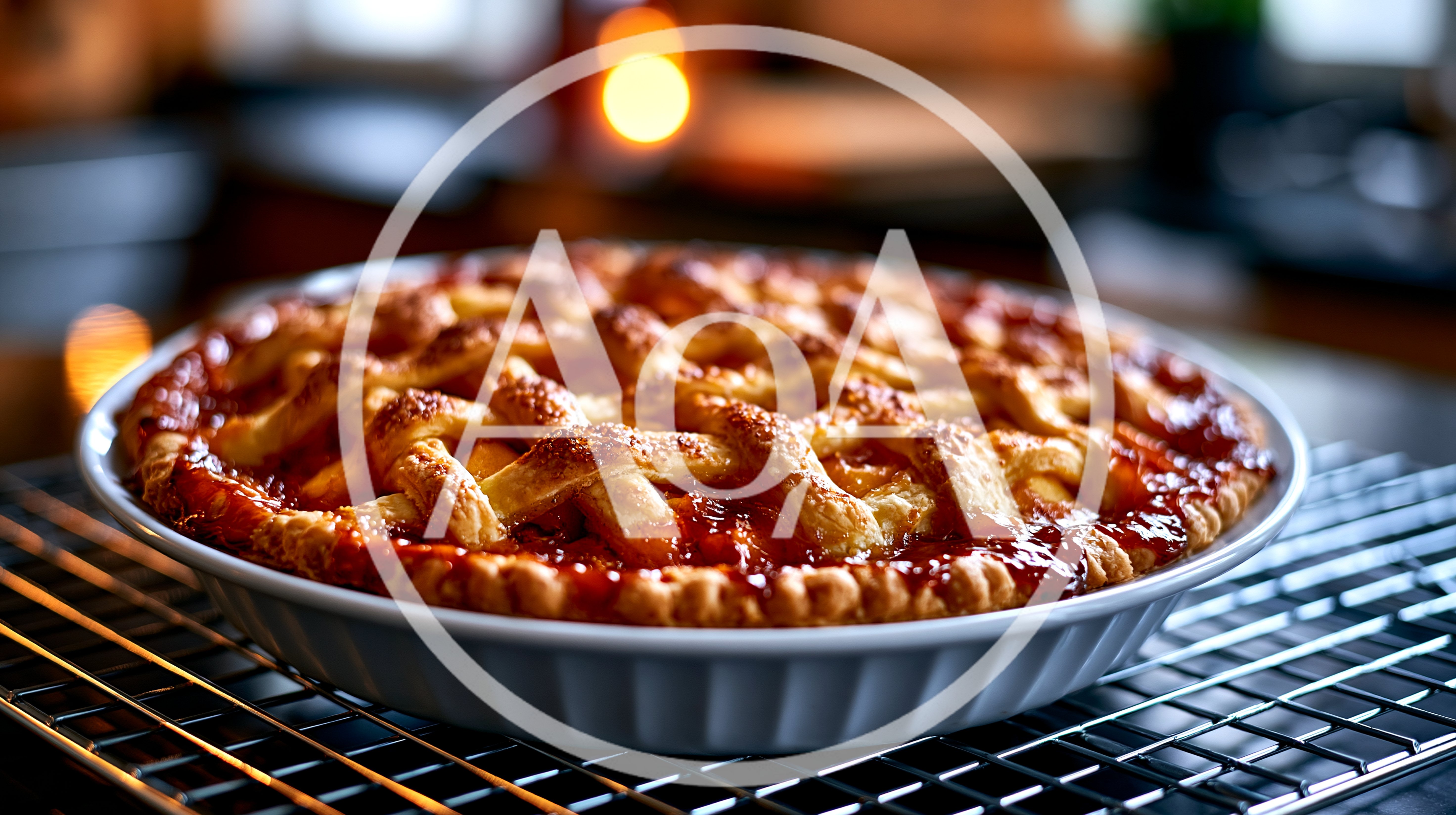 Freshly Baked Lattice Crust Fruit Pie on Cooling Rack