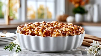 Freshly Baked Golden Brown Pie in White Ceramic Dish