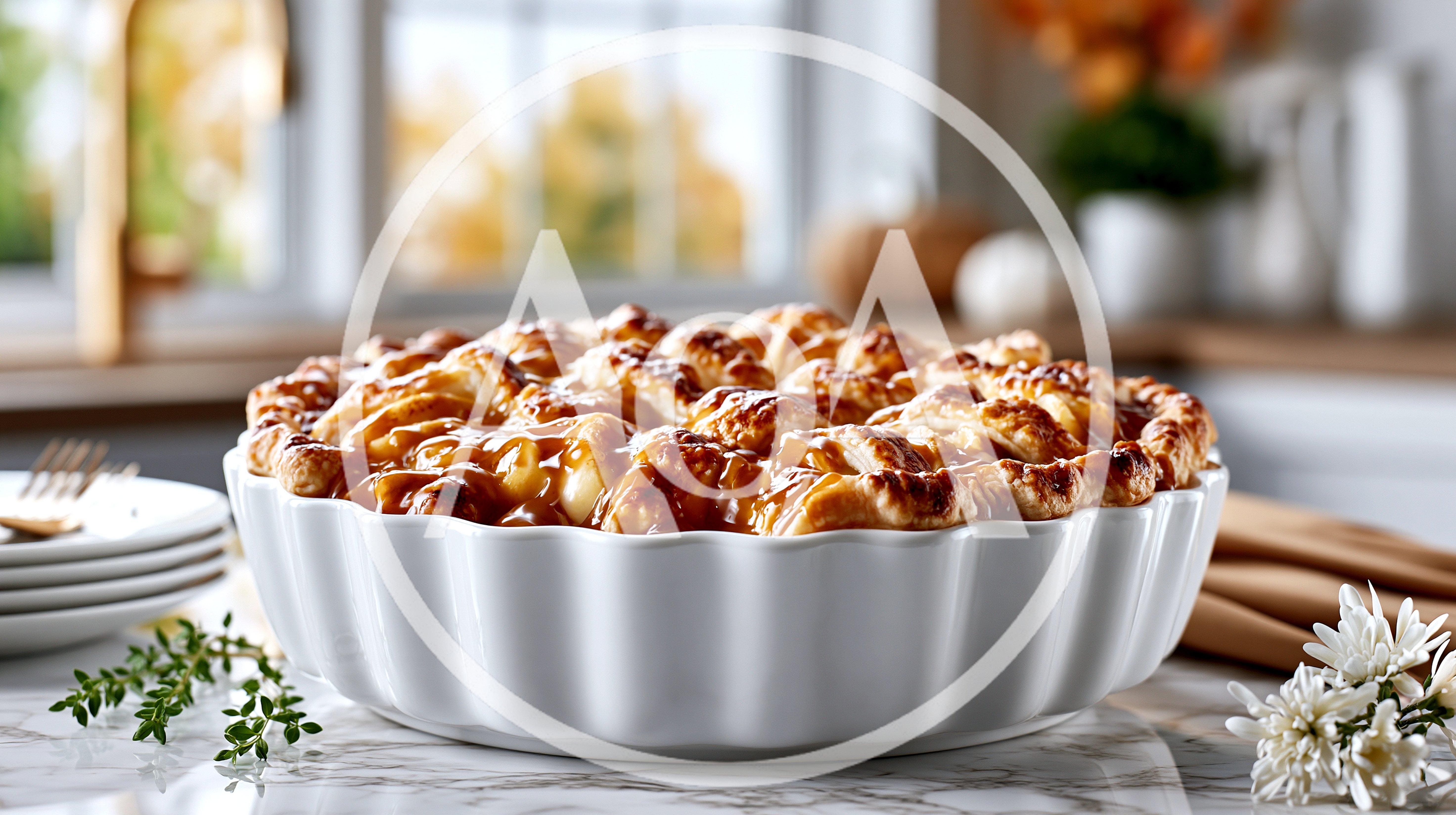 Freshly Baked Golden Brown Pie in White Ceramic Dish