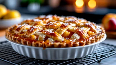 Freshly Baked Lattice Peach Pie on Cooling Rack