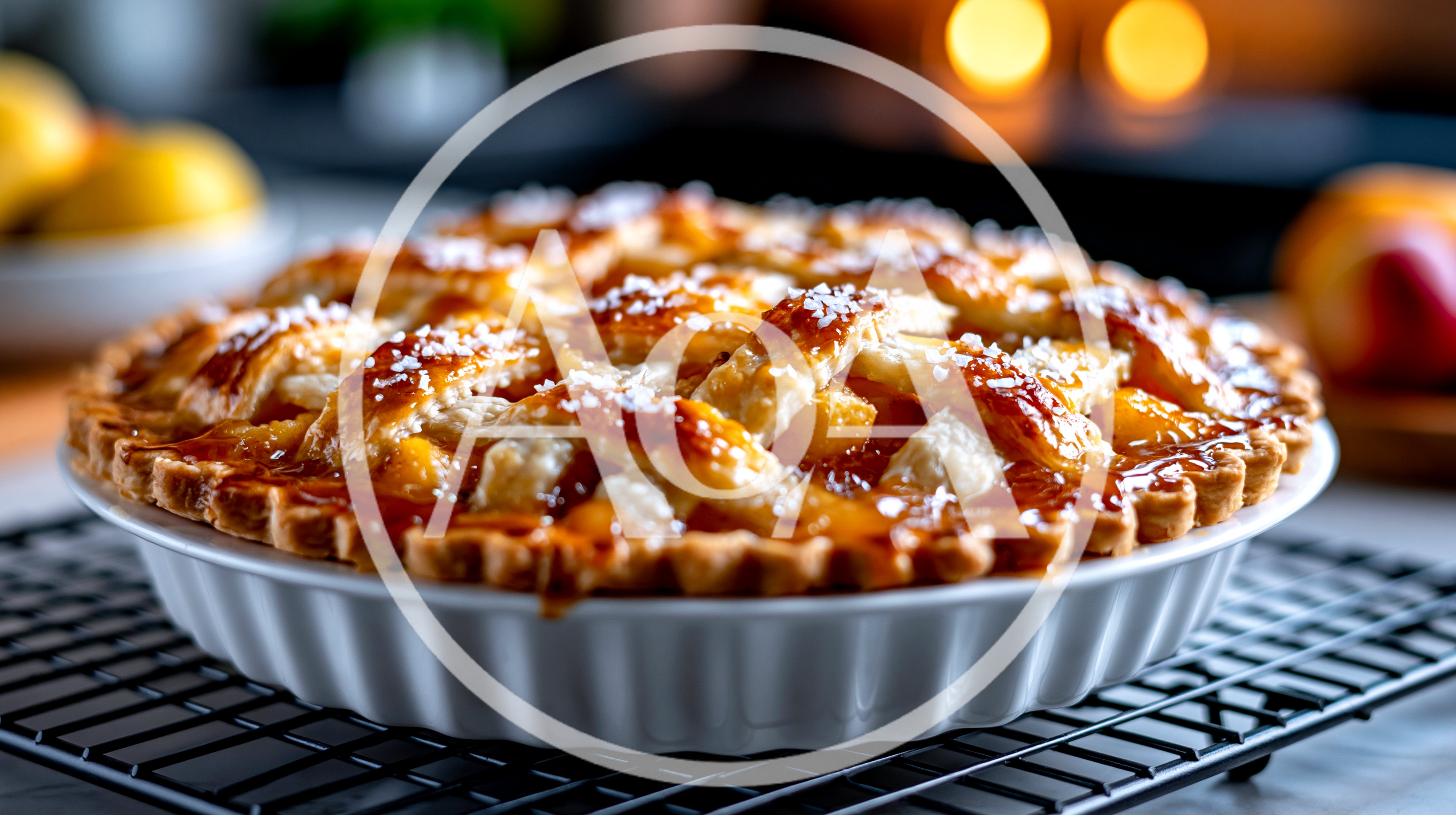 Freshly Baked Lattice Peach Pie on Cooling Rack