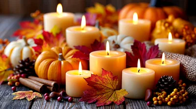 Autumnal Table Setting With Candles And Pumpkins