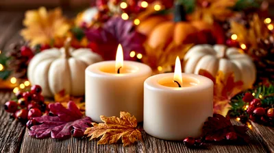 Two Lit Candles With Autumn Pumpkins And Fall Leaves