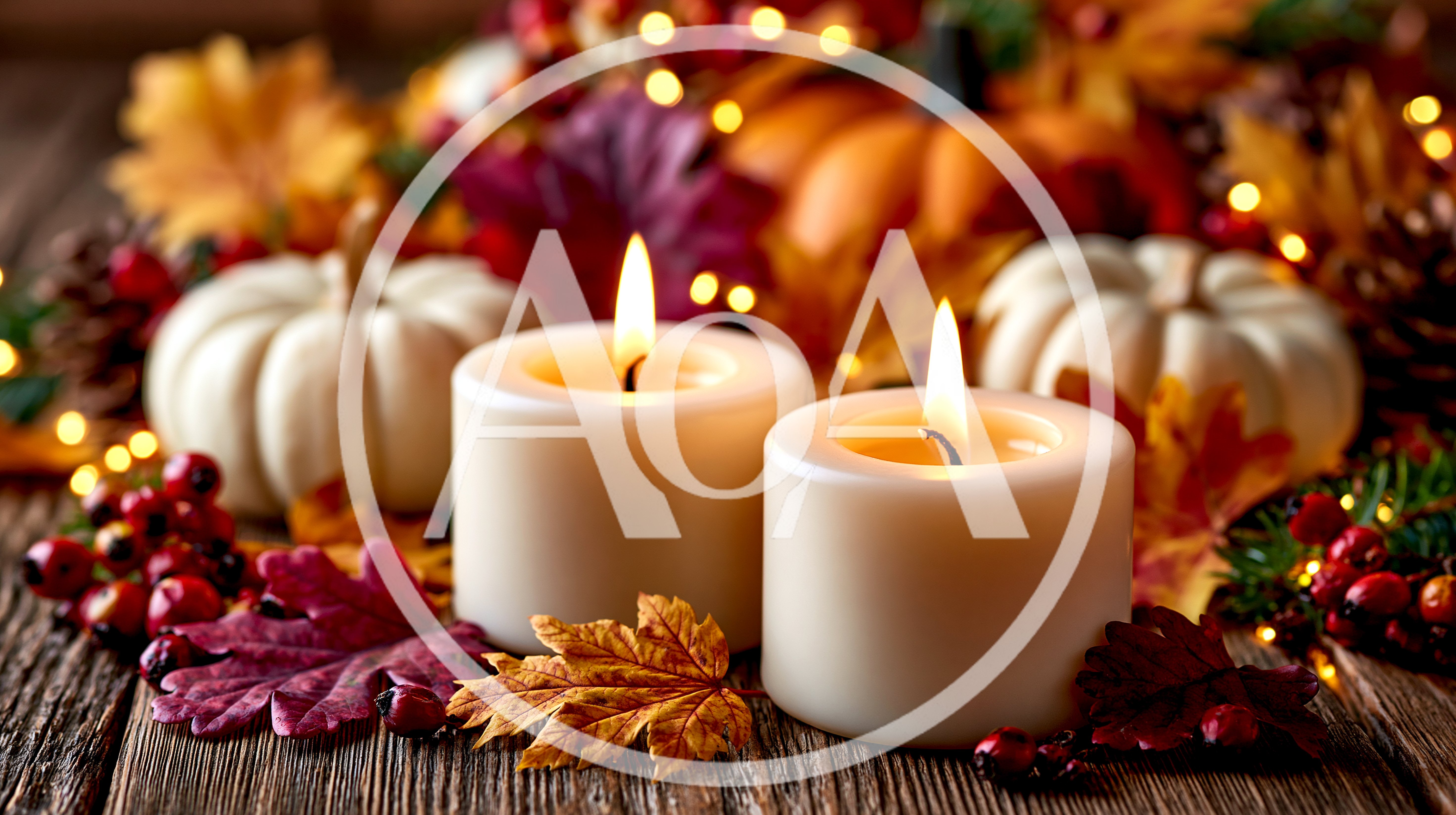Two Lit Candles With Autumn Pumpkins And Fall Leaves