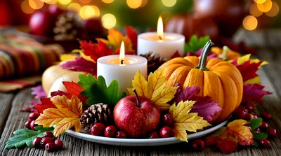 Autumn Thanksgiving Centerpiece With Candles And Pumpkins