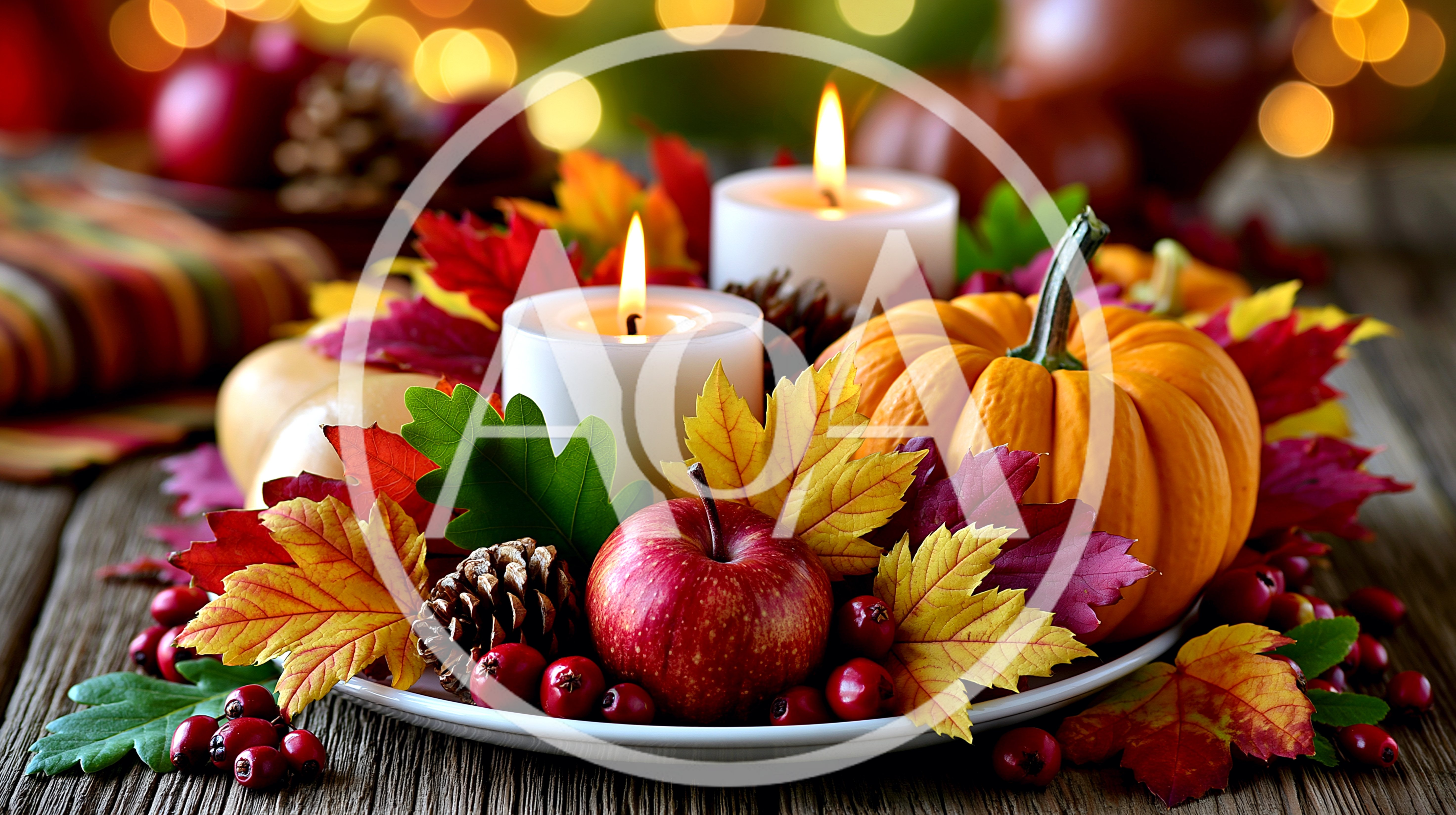 Autumn Thanksgiving Centerpiece With Candles And Pumpkins