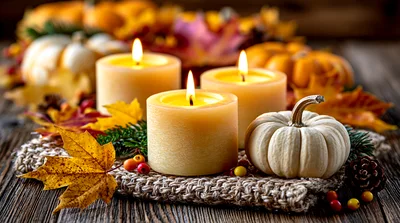 Autumnal Table Centerpiece With Candles And Pumpkins