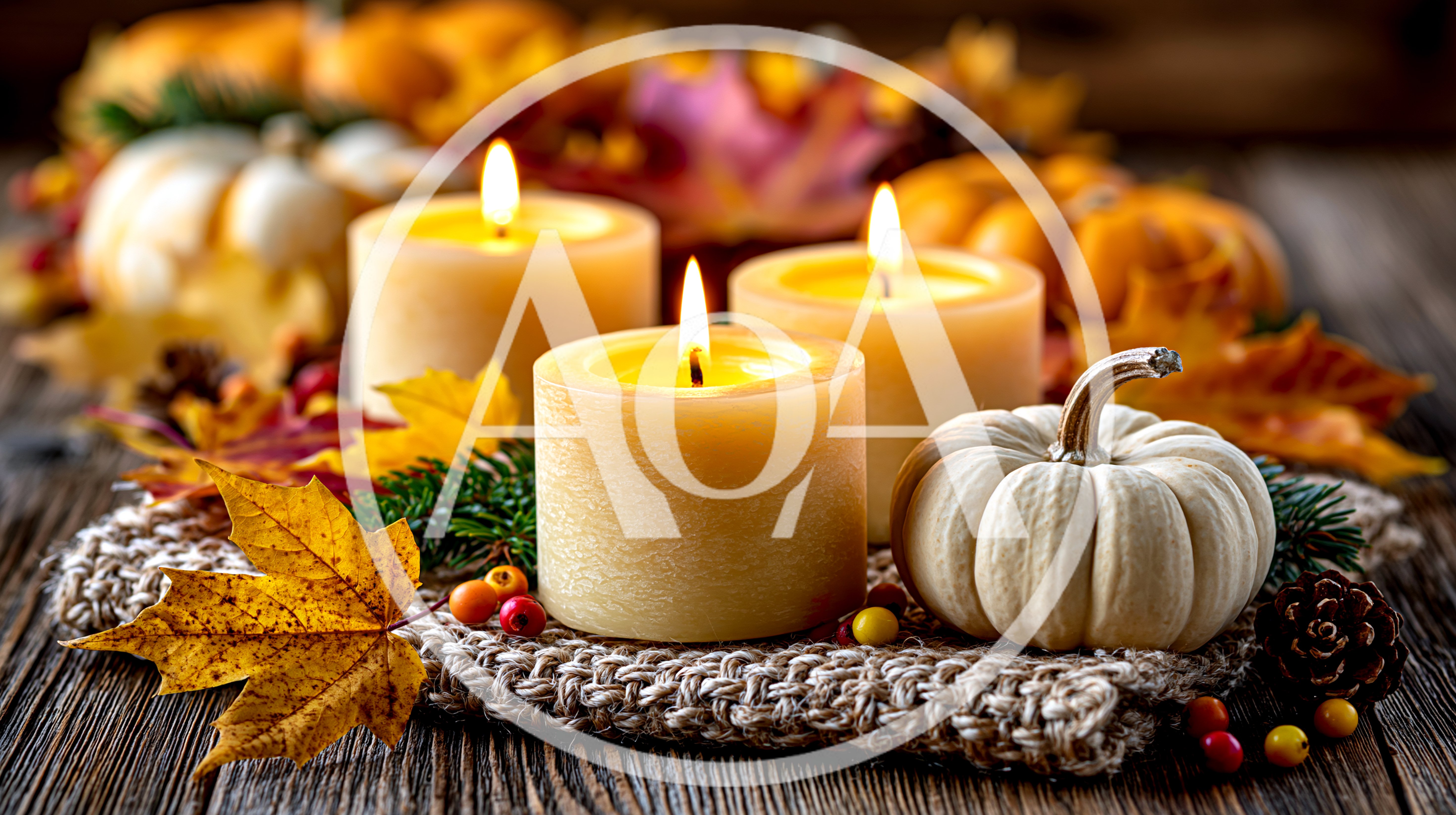 Autumnal Table Centerpiece With Candles And Pumpkins