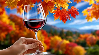 Hand Holding A Glass Of Red Wine In Autumn