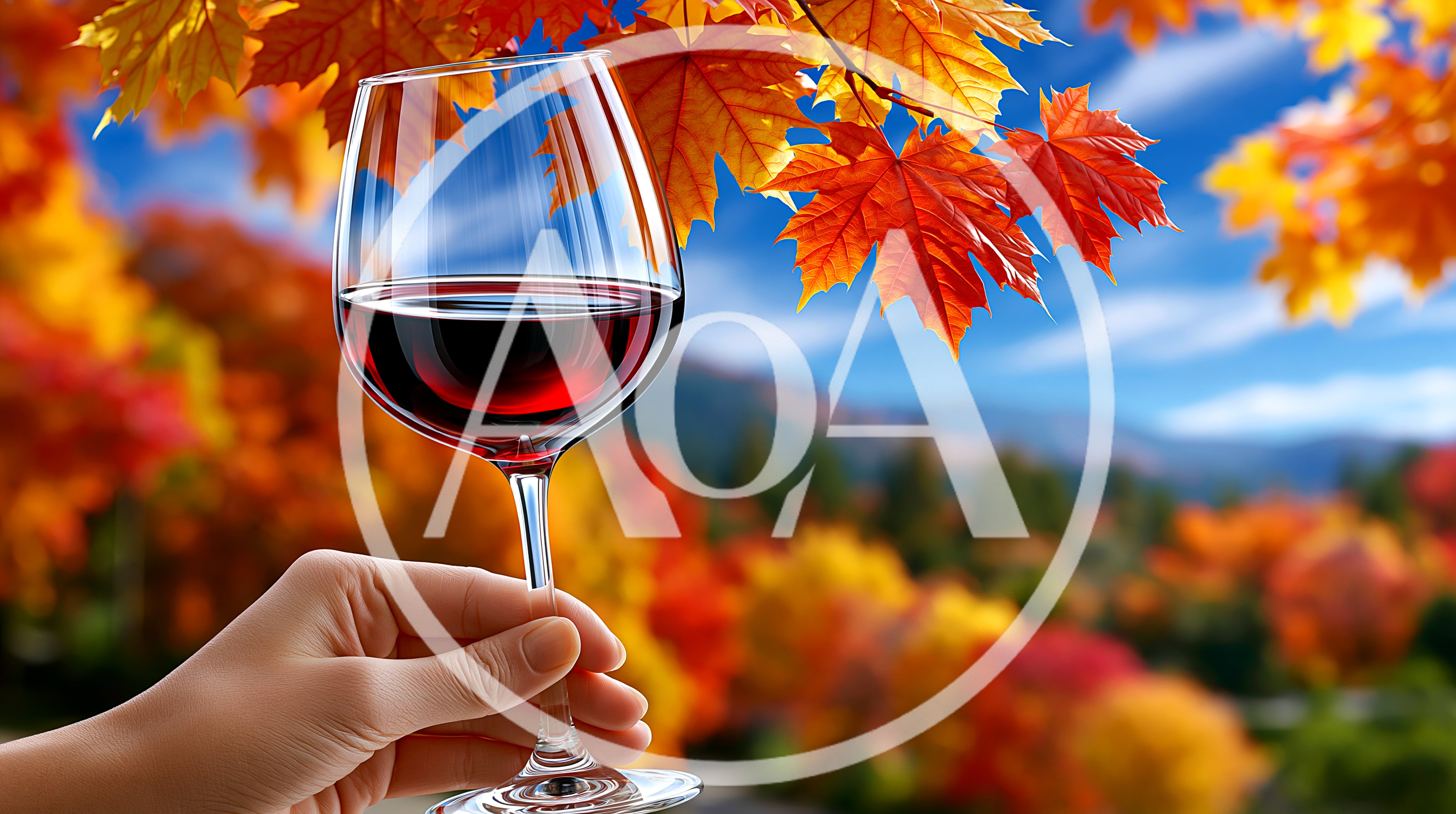 Hand Holding A Glass Of Red Wine In Autumn