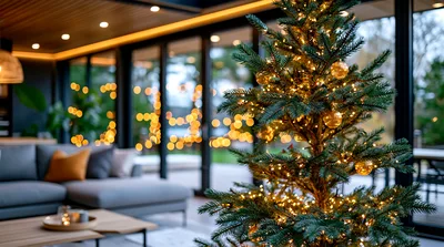 Christmas Tree Decorated With Warm Lights In Modern Living Room