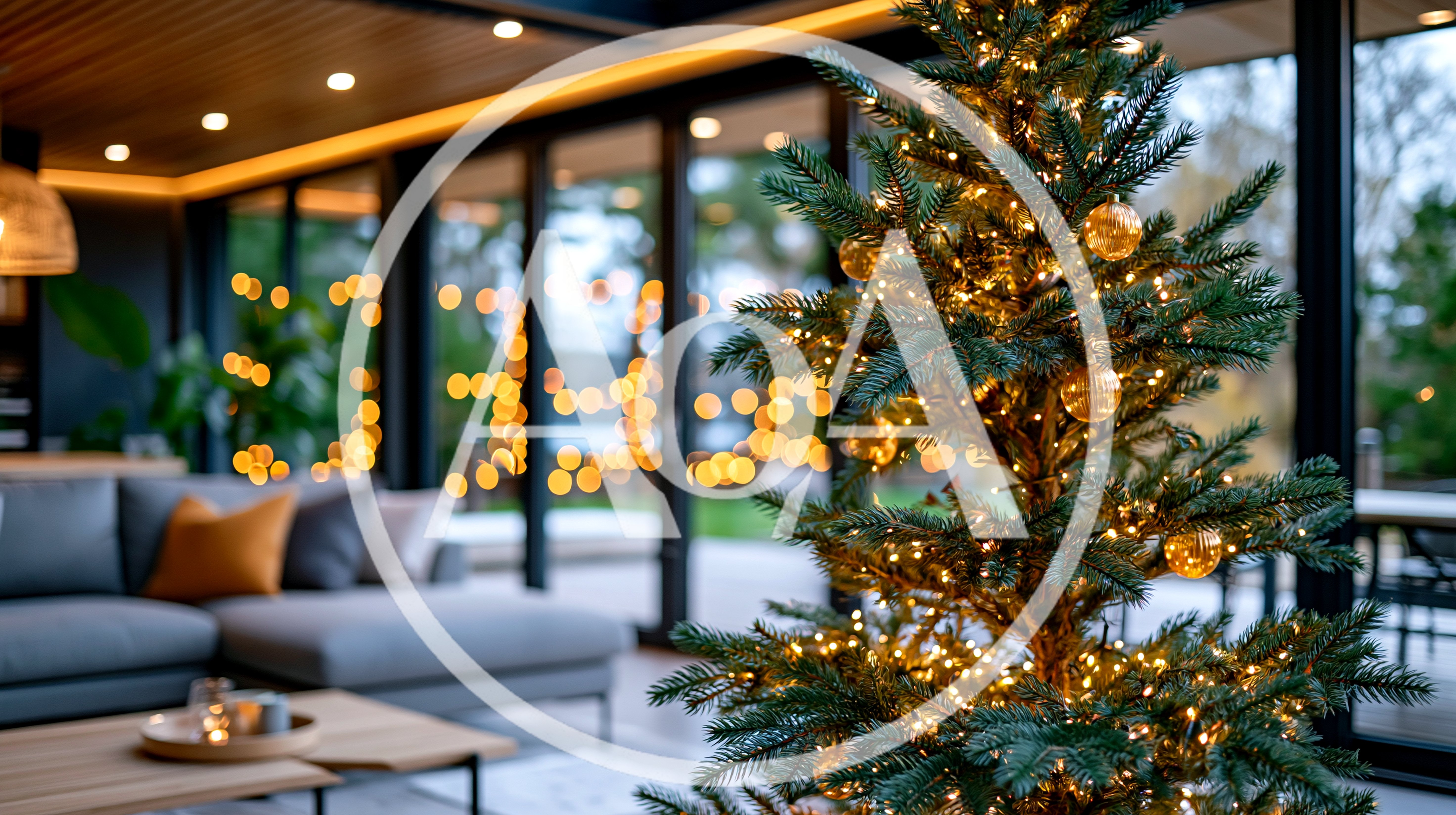Christmas Tree Decorated With Warm Lights In Modern Living Room