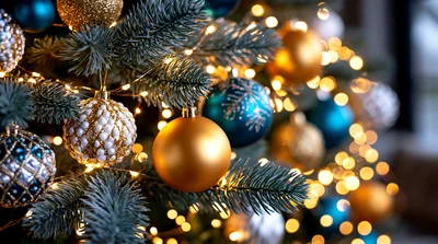 Close Up Of Decorated Christmas Tree With Ornaments