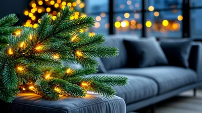 Christmas Pine Branch With Warm Fairy Lights