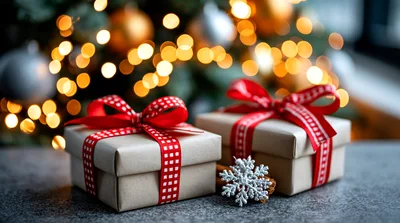 Two Wrapped Christmas Gift Boxes With Red Ribbons