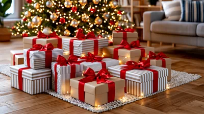 Christmas Presents Under A Decorated Tree