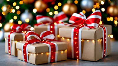 Christmas Gift Boxes With Red Ribbons And Fairy Lights