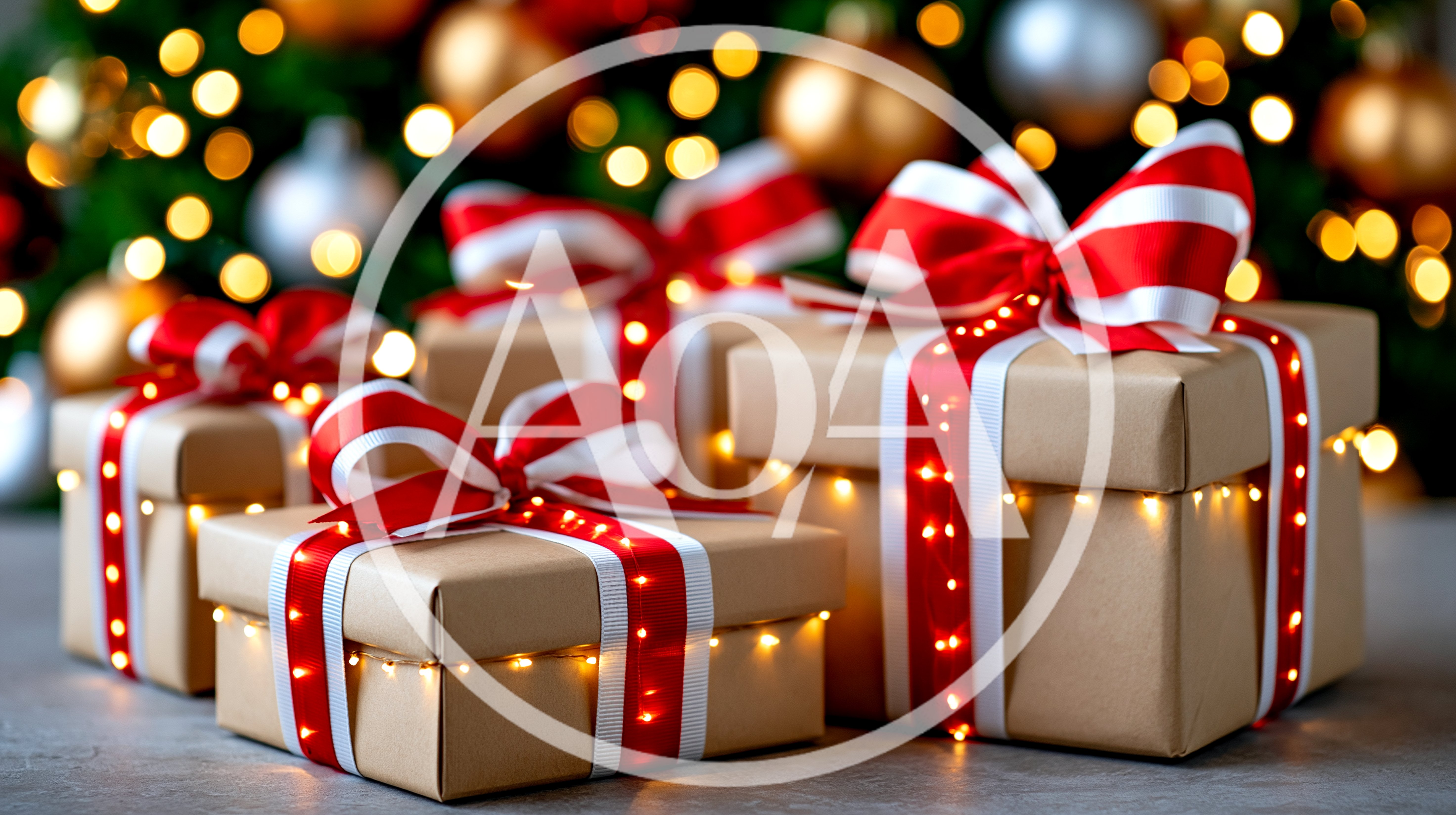 Christmas Gift Boxes With Red Ribbons And Fairy Lights