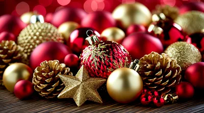 Festive Christmas Ornaments And Pinecones On Wooden Surface