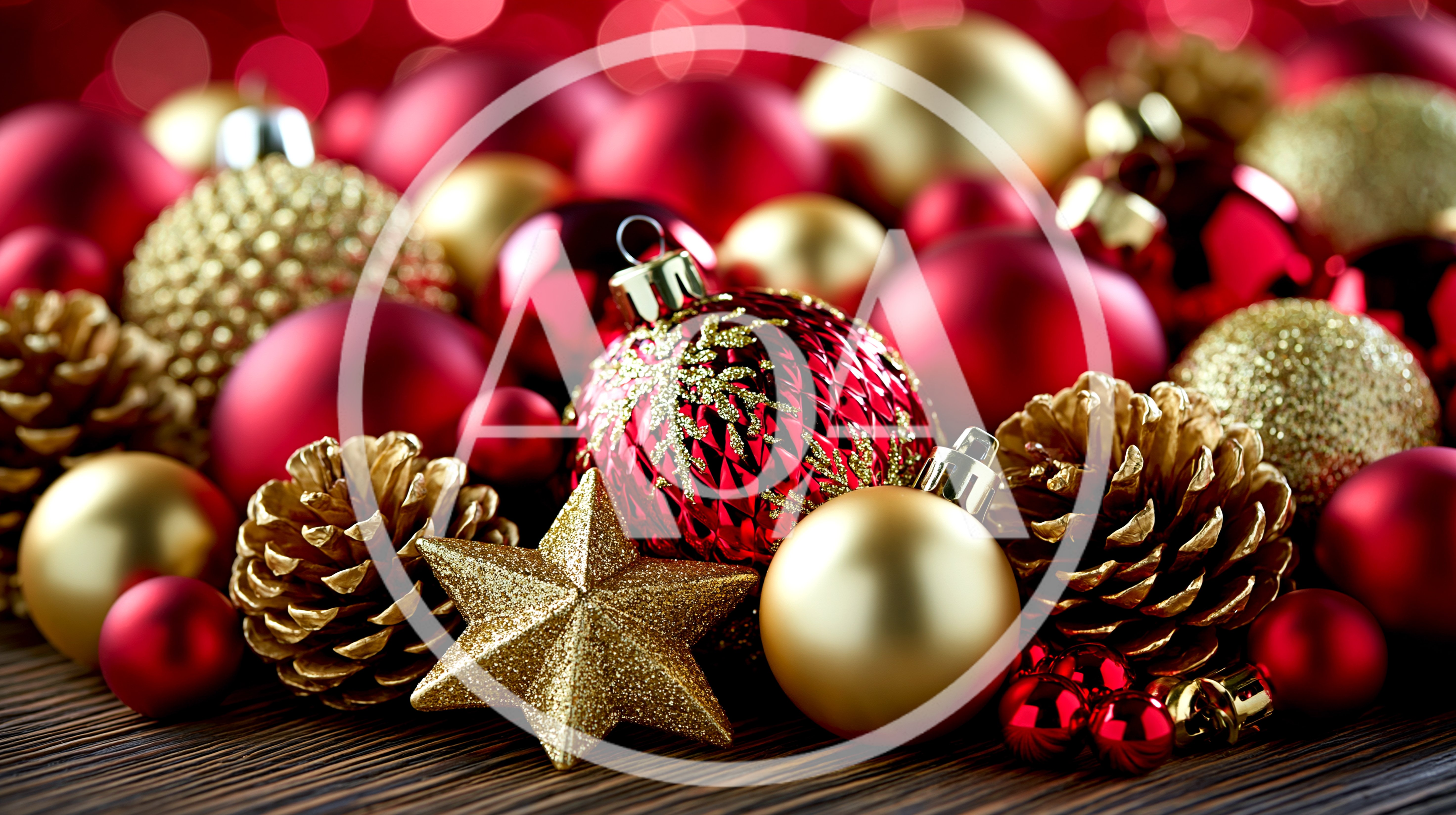 Festive Christmas Ornaments And Pinecones On Wooden Surface