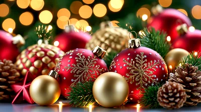Festive Christmas Ornaments With Pinecones And Bokeh Lights