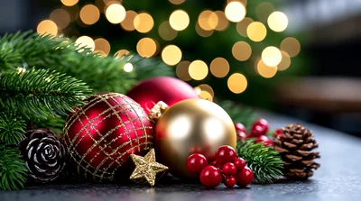 Christmas Ornaments With Pine Branches And Bokeh Lights
