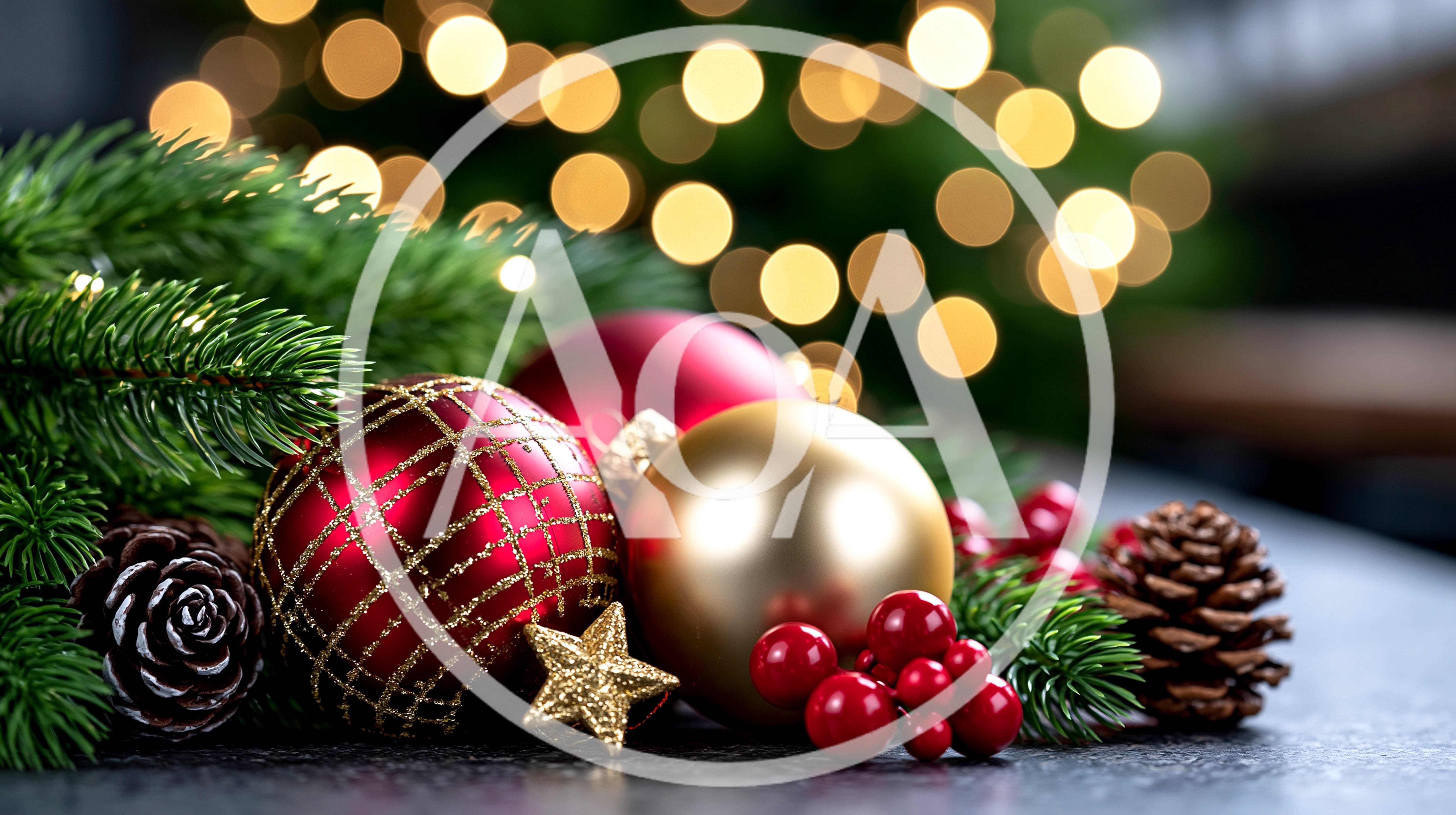 Christmas Ornaments With Pine Branches And Bokeh Lights