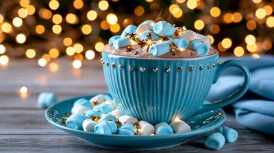 Blue Cup Of Hot Cocoa With Marshmallows