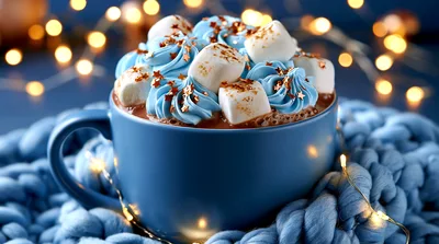 Blue Mug Of Hot Chocolate With Marshmallows