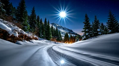 Snowy Mountain Road Under Bright Full Moon
