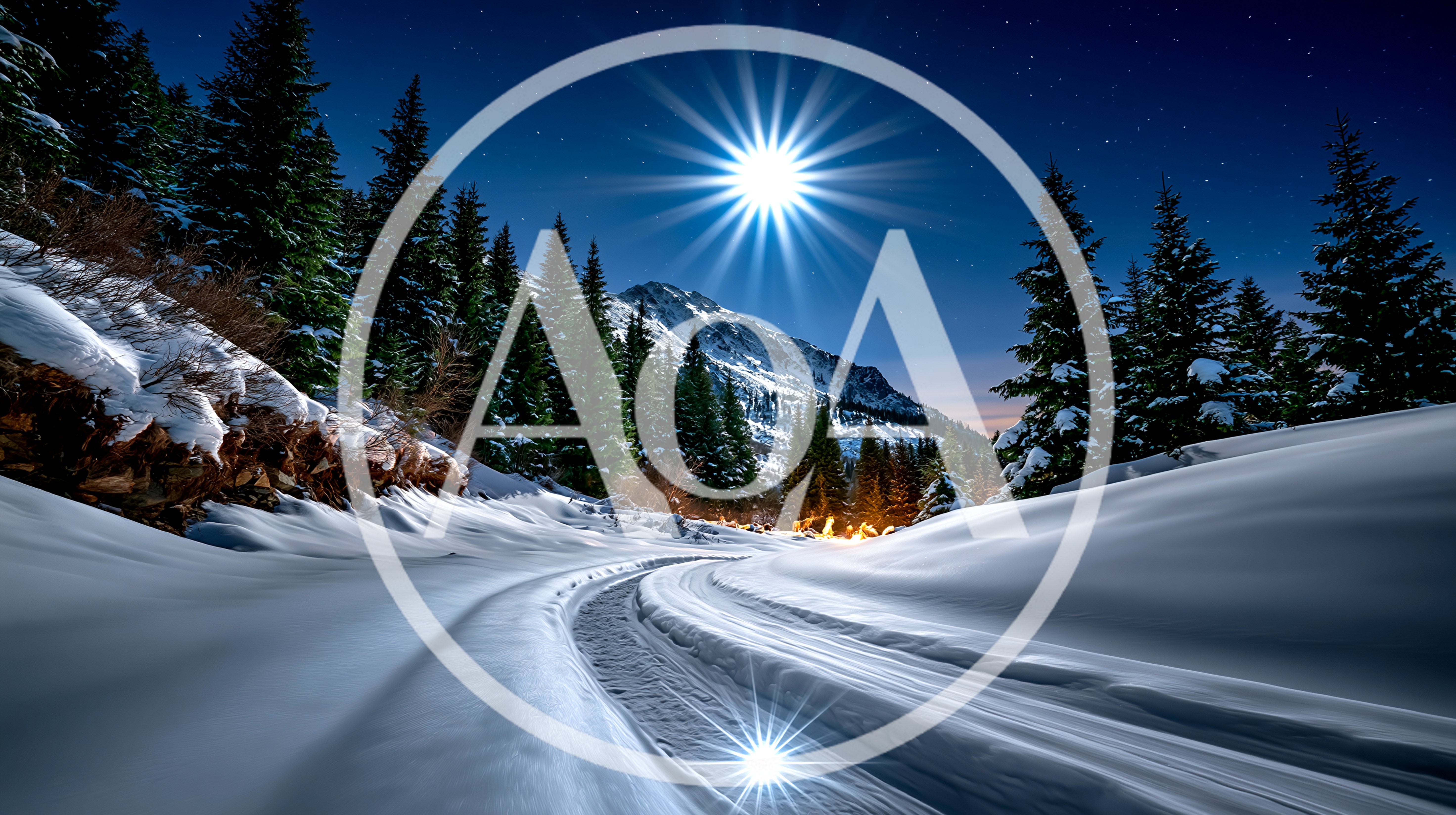 Snowy Mountain Road Under Bright Full Moon