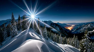 Starry Night Over Snowy Mountain Peaks
