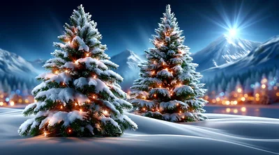 Two Snowy Christmas Trees With Glowing Lights