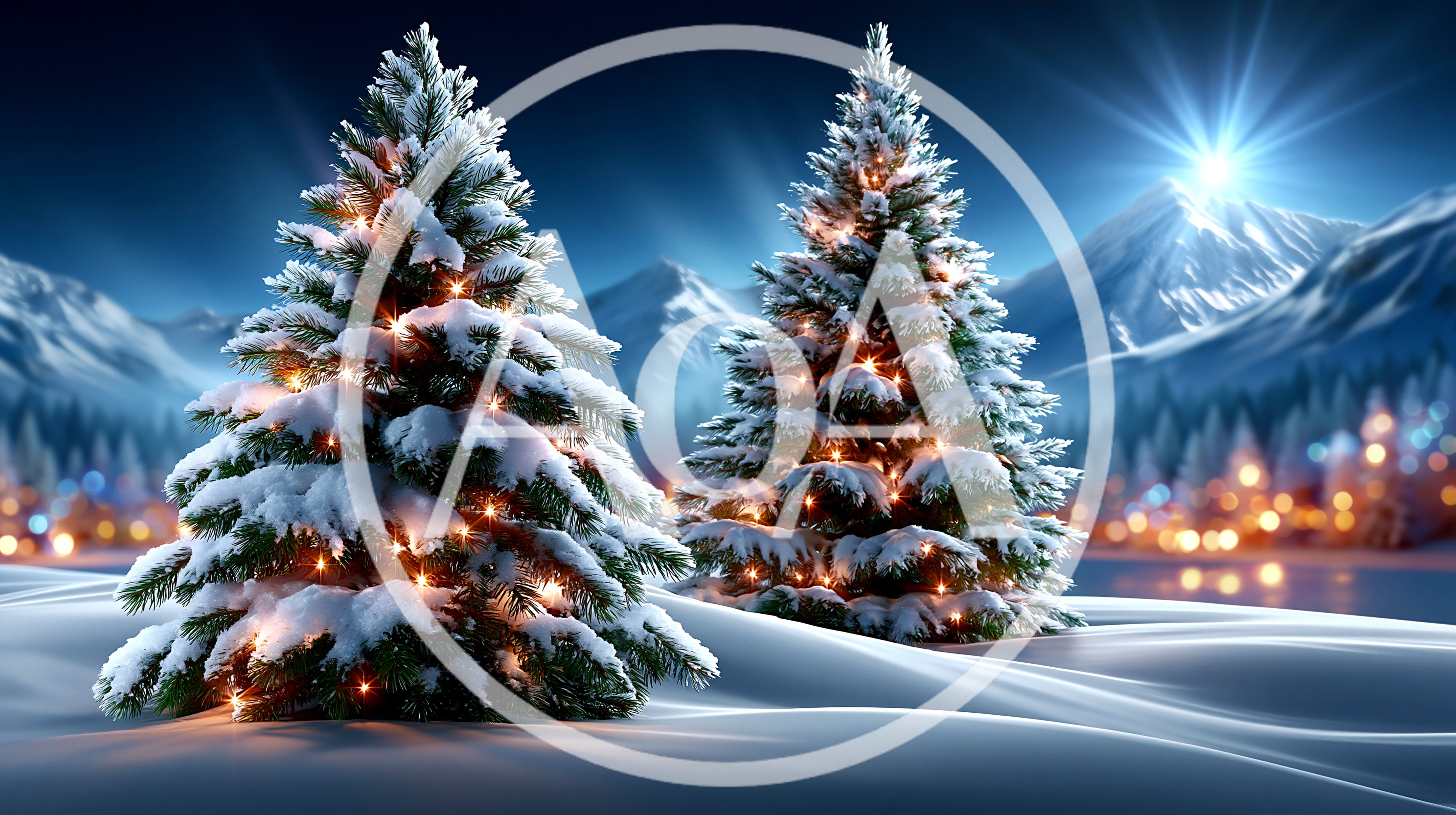 Two Snowy Christmas Trees With Glowing Lights