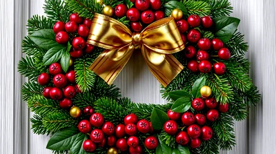 Christmas Wreath With Gold Bow On White Door