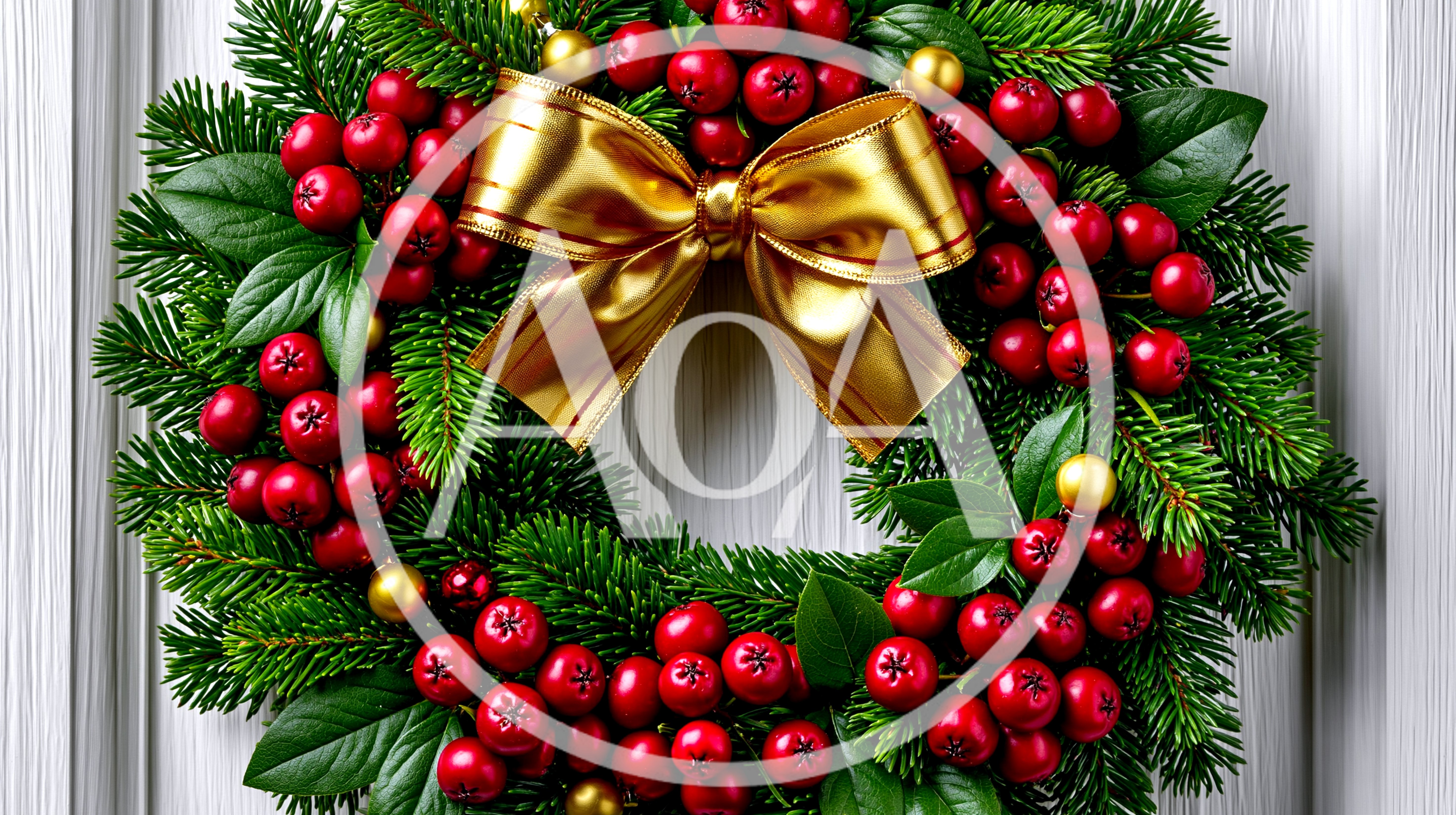 Christmas Wreath With Gold Bow On White Door