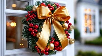 Christmas Wreath With Gold Bow On White Door