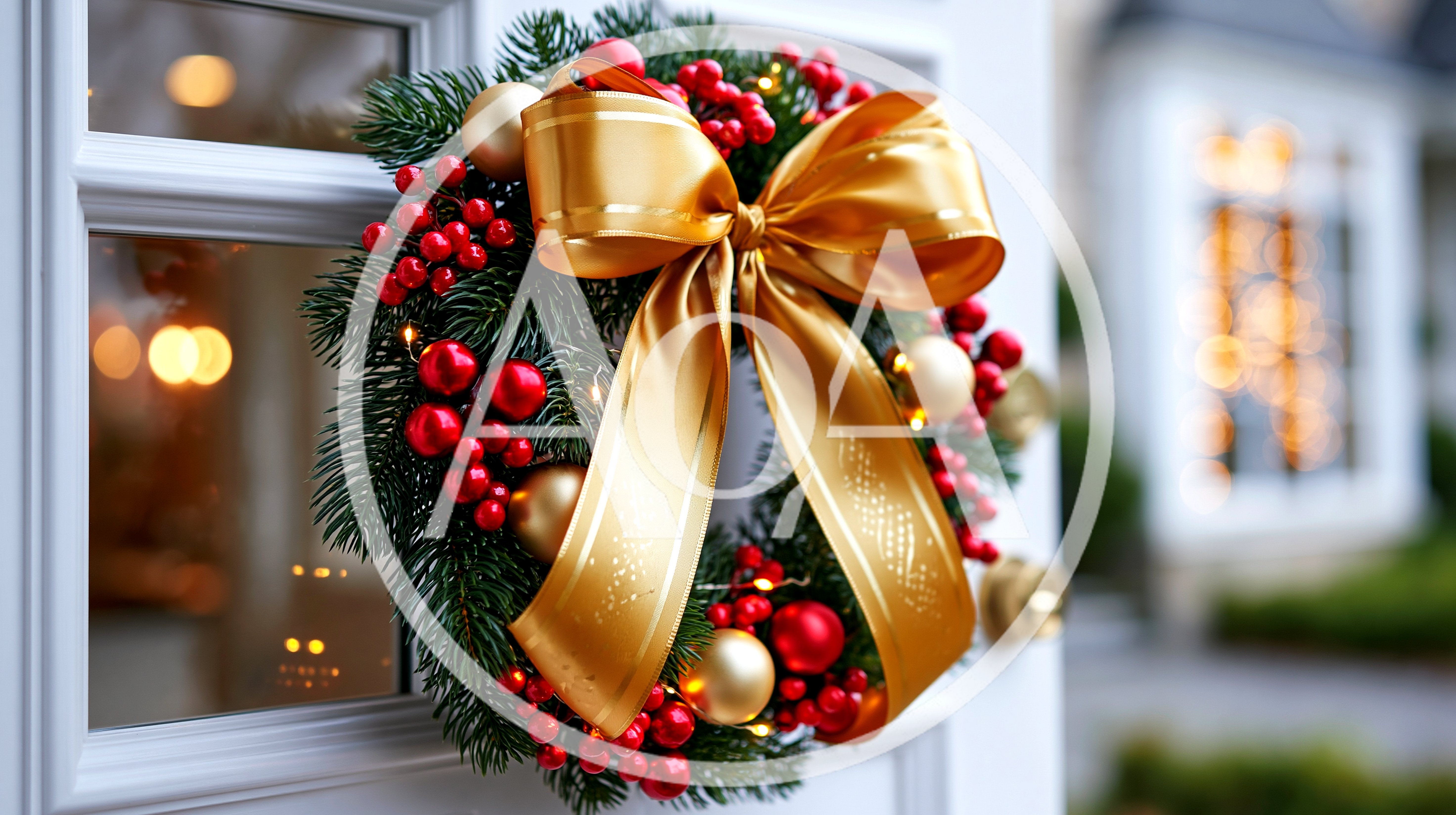 Christmas Wreath With Gold Bow On White Door