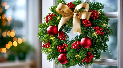 Christmas Wreath With Red Ornaments And Gold Bow