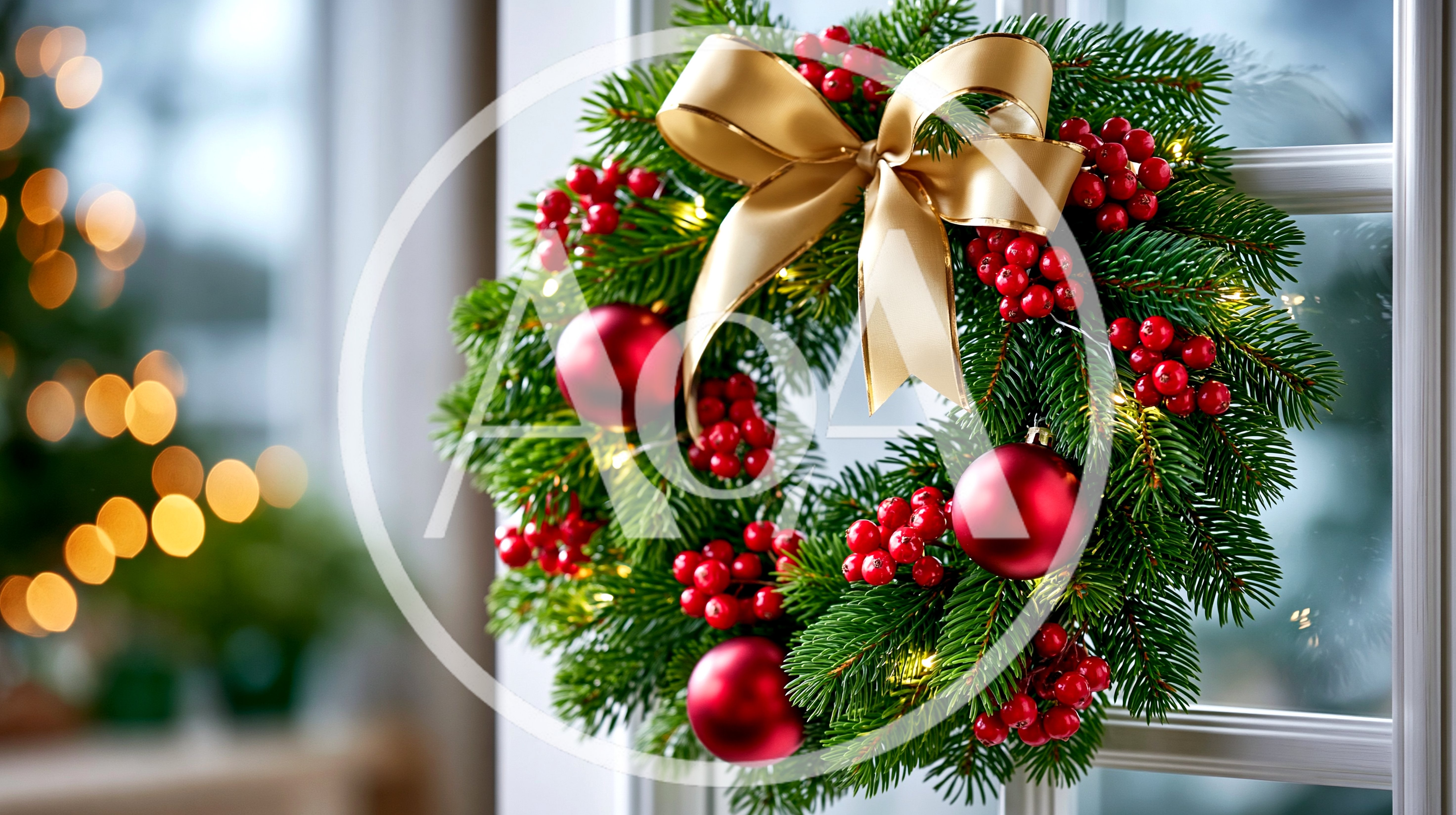 Christmas Wreath With Red Ornaments And Gold Bow