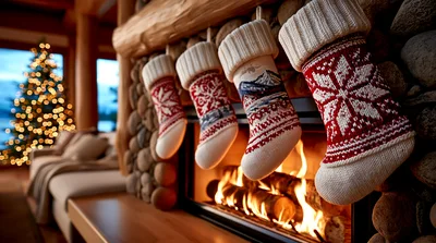 Christmas Stockings Hanging Over A Cozy Stone Fireplace