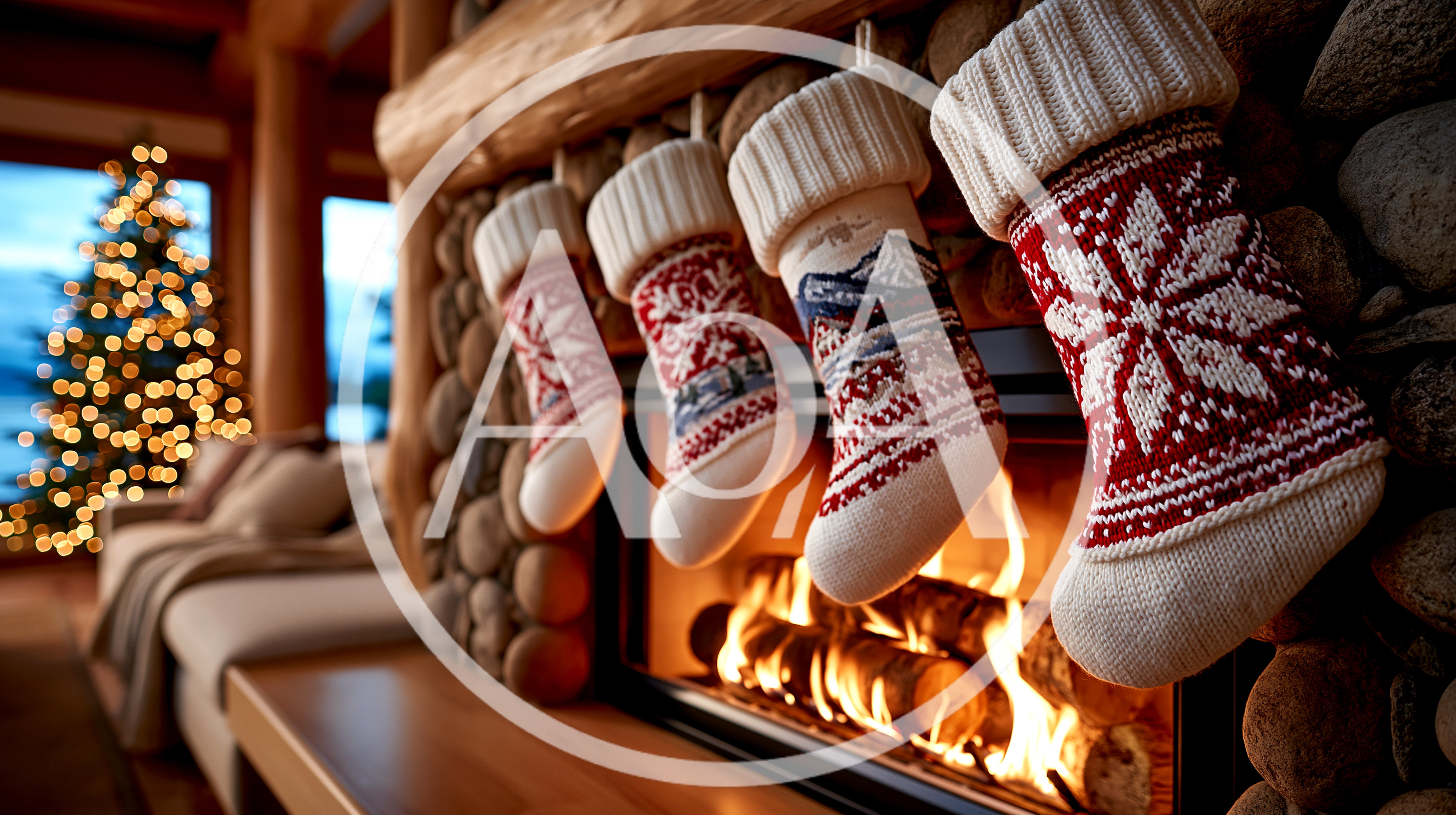 Christmas Stockings Hanging Over A Cozy Stone Fireplace