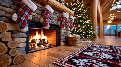 Cozy Christmas Living Room With Fireplace And Stockings