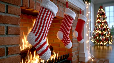 Christmas Stockings Hanging By A Cozy Fireplace