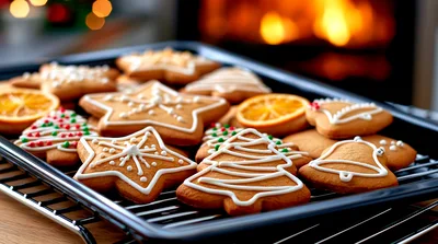 Freshly Baked Christmas Gingerbread Cookies On A Baking Tray