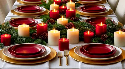 Festive Christmas Table Setting With Candles And Pine
