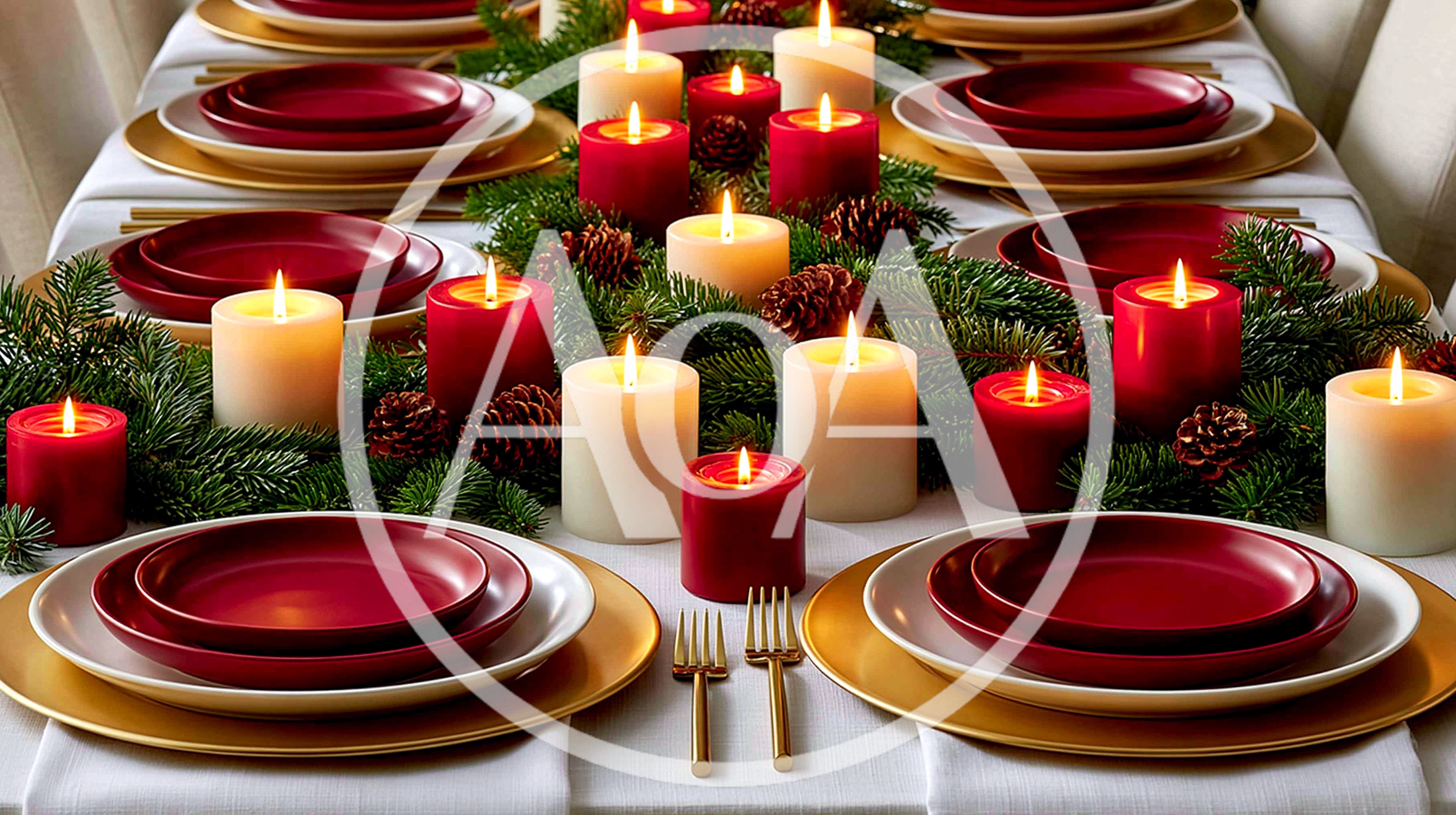 Festive Christmas Table Setting With Candles And Pine
