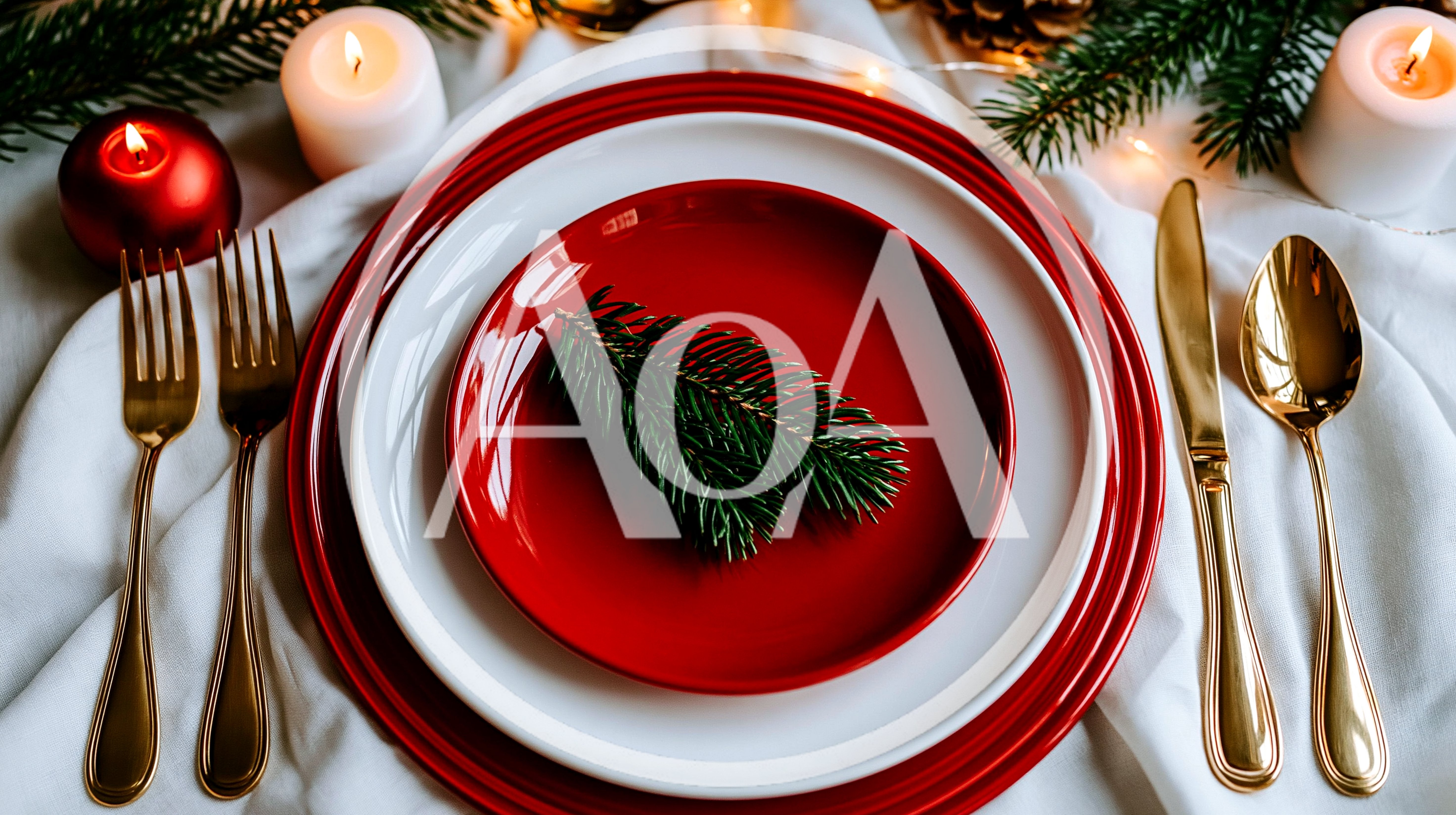 Festive Christmas Table Setting With Gold Cutlery